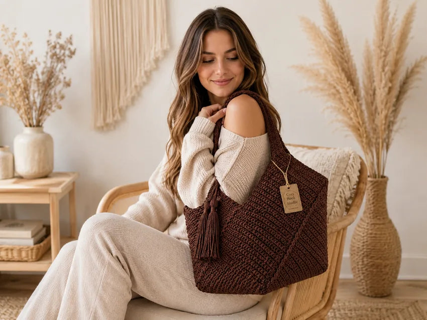 Woman wearing a handmade crochet tote bag